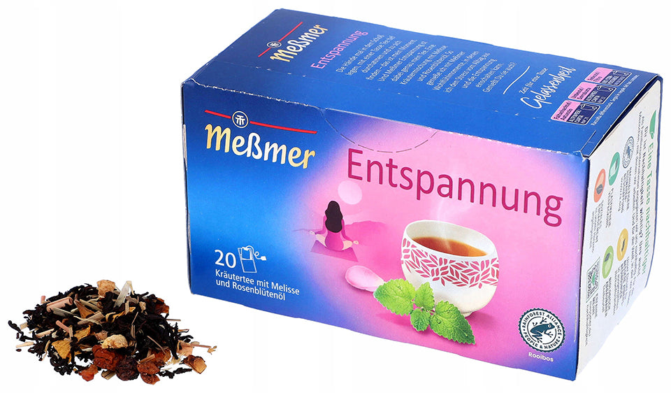 Ceai de plante cu rooibos, Messmer, Relaxare, cu balsam de lamaie si ulei de petale de trandafir, 40g
