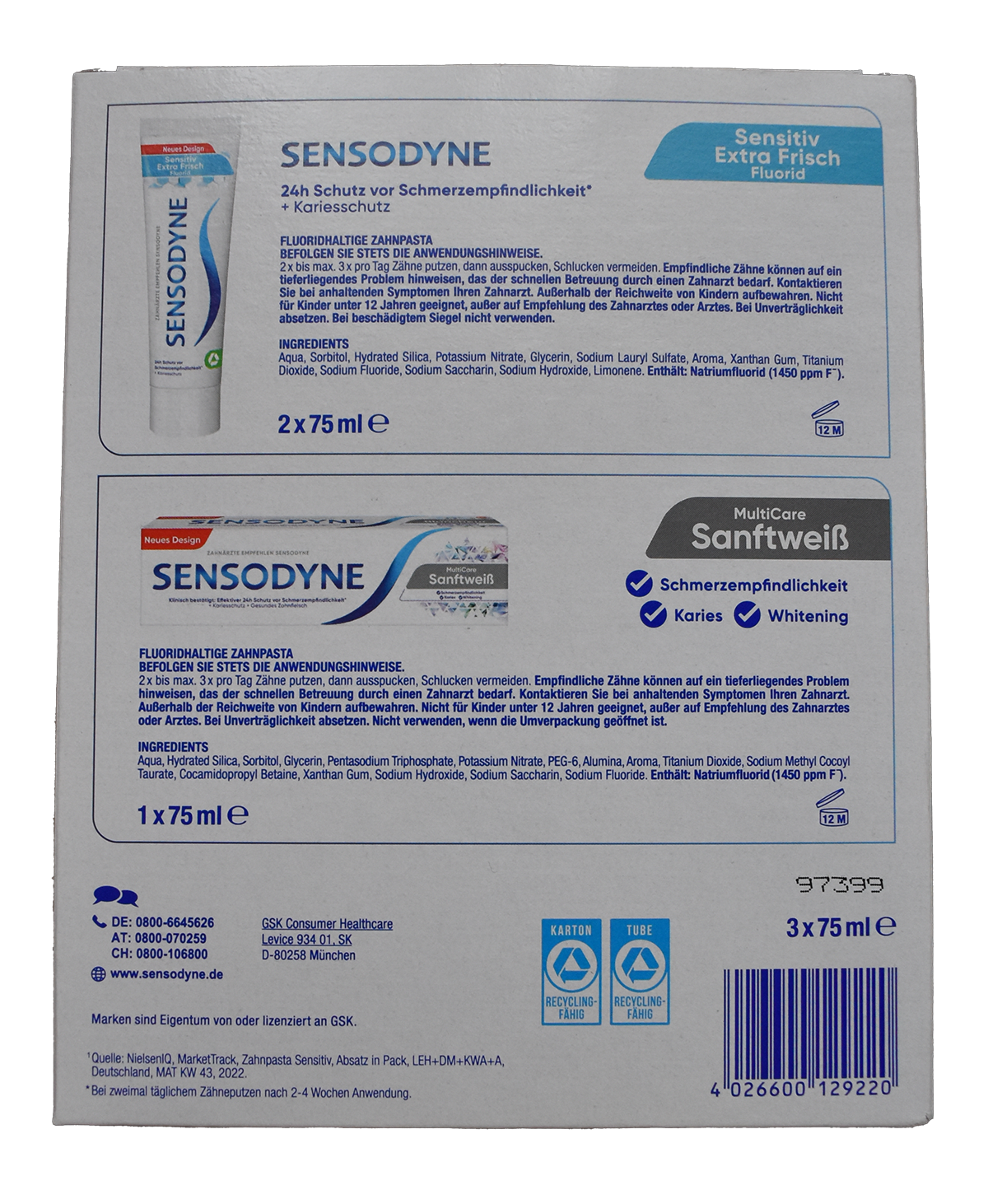 Set pasta de dinti Sensodyne Sensitiv Extra Frisch Flourid 3x75ml