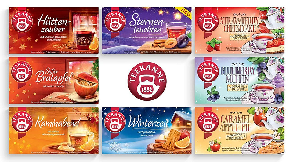 Set Teekanne cu 8 ceaiuri, Luminițe stelate, Hut Magic, Sweet Baked Apple, Fireplace Evening și Winter Time + Cheesecake cu căpșuni, Muffin cu affine, Plăcintă cu mere și caramel 361 g