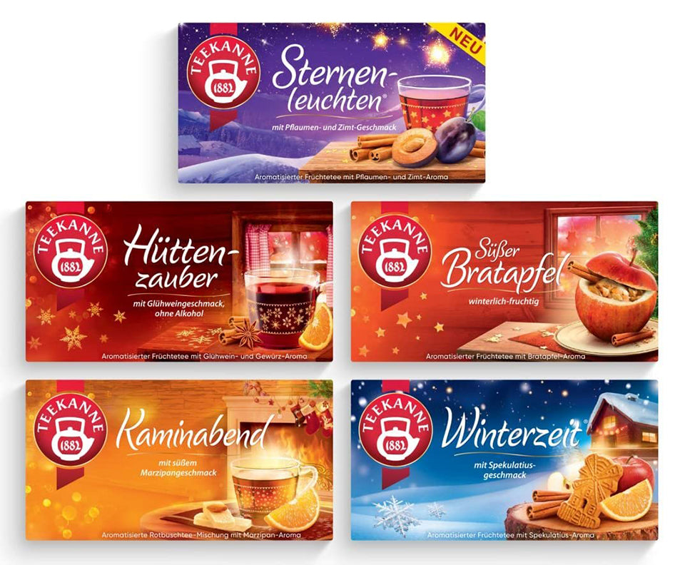 Set Teekanne cu 8 ceaiuri, Luminițe stelate, Hut Magic, Sweet Baked Apple, Fireplace Evening și Winter Time + Cheesecake cu căpșuni, Muffin cu affine, Plăcintă cu mere și caramel 361 g